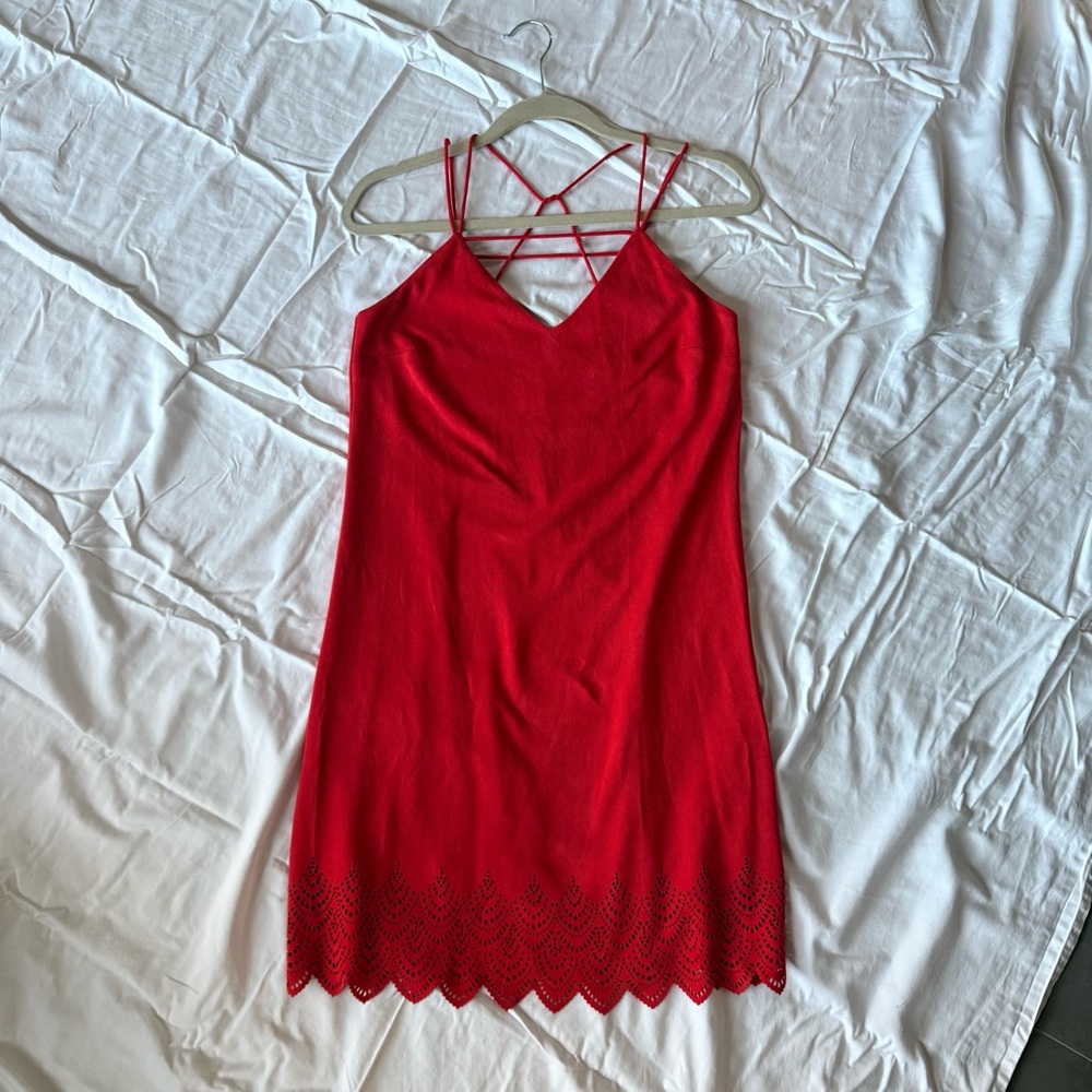 SUGAR + LIPS | Orange Suede Strappy Dress with Lace Hem